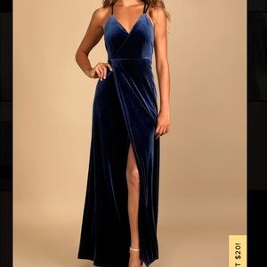 Whimsical Romance Dark Blue Velvet Faux-Wrap Maxi Dress